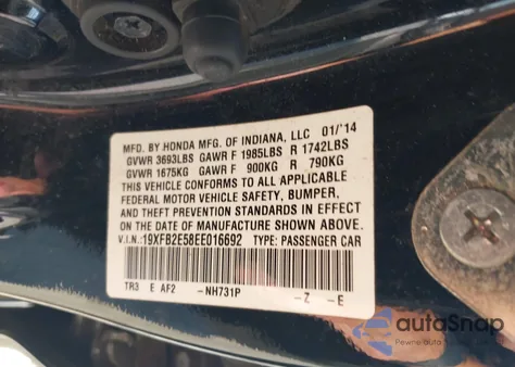 2014 Honda Civic Lx from USA, damaged, VIN 19XFB2E58EE016692